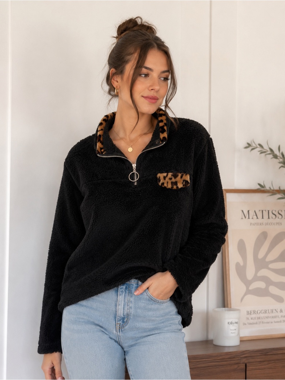 Loveu.Dear Black Sherpa Fleece Half-Zip Pullover | Leopard Trim | Size Medium